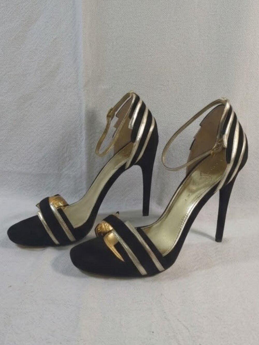 Ivanka Trump Aryella 2 Black Suede Metallic Gold Striped Stiletto Heels 9M NWT